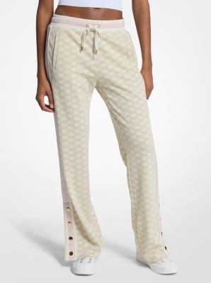 Michael Kors Logo Print Metallic Stretch Knit Track Pants In Neutral