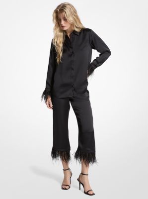 Michael Kors Feather Trim Satin Pajama Pants In Black