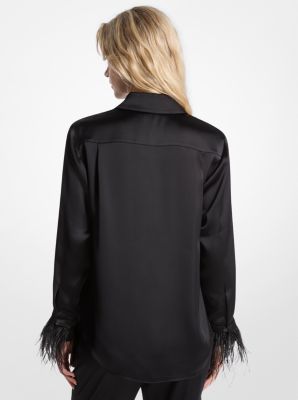 Feather Trim Satin Pajama Shirt in BLACK | Michael Kors