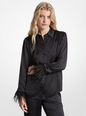 Michael Kors Feather Trim Satin Pajama Shirt In Black