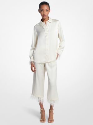 Feather Trim Satin Pajama Shirt