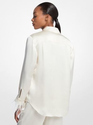 Feather Trim Satin Pajama Shirt