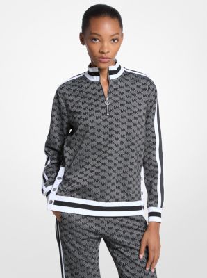 Michael Kors Logo Print Metallic Stretch Knit Half-zip Jacket In Gray