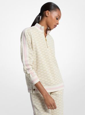 Logo Print Metallic Stretch Knit Half-Zip Jacket