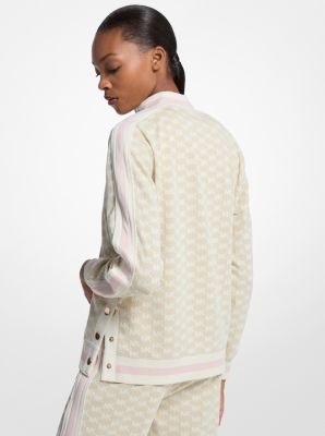 Logo Print Metallic Stretch Knit Half-Zip Jacket in BONE/GOLD | Michael Kors