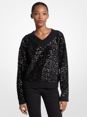 Michael Kors Sequined Cotton Blend Sweater In Black