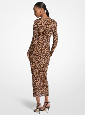 Leopard Print Nylon Mesh Midi Dress
