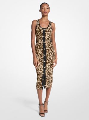 Michael Kors Leopard Print Stretch Viscose Midi Tank Dress In Multi
