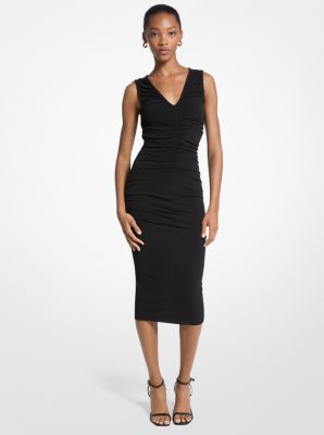 Michael Kors Stretch Matte Jersey Ruched Midi Dress In Black