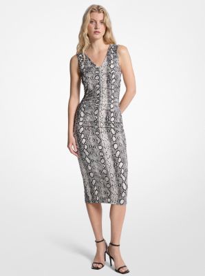 Michael Kors Snake Print Stretch Matte Jersey Ruched Midi Dress In Brown