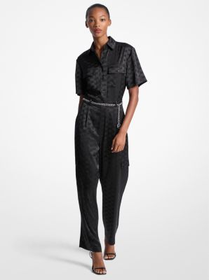 Logo Jacquard Satin Belted Jumpsuit in BLACK | Michael Kors