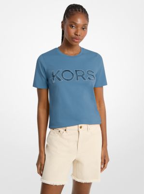 T-shirt en coton &agrave; paillettes et &agrave; logo