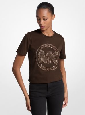 Michael Kors Studded Logo Charm Organic Cotton Jersey T-shirt In Brown