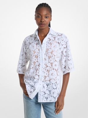 Studded Corded Floral Lace Shirt in WHITE | Michael Kors