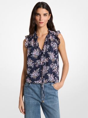 Floral Print Georgette Tie-Neck Blouse