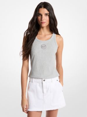 Embellished Logo Ribbed Cotton Blend Tank Top