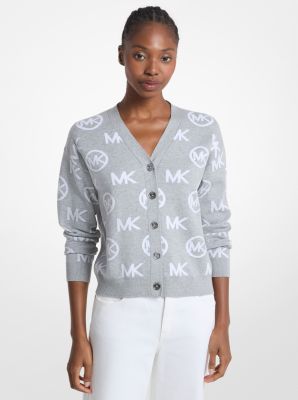 Logo Jacquard Cotton Blend Cardigan in PEARL GREY | Michael Kors