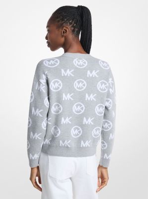 Logo Jacquard Cotton Blend Cardigan in PEARL GREY | Michael Kors