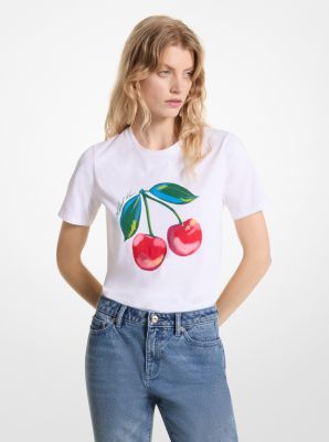 T-shirt en jersey de coton biologique à motif de cerises orné de paillettes