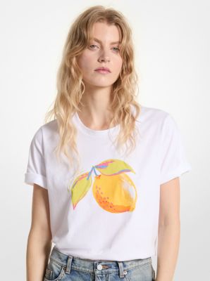 Michael Kors Sequined Lemon Organic Cotton Jersey T-shirt In White