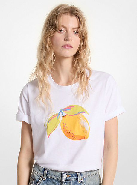 Michael Kors Sequined Lemon Organic Cotton Jersey T-shirt In White