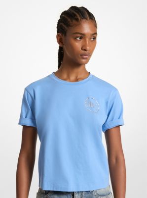 Michael Kors Embellished Logo Organic Cotton T-shirt In Blue