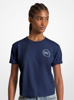 Michael Kors Embellished Logo Organic Cotton T-shirt In Blue