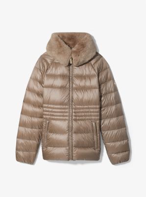 Michael Kors Women's Faux Fur Trim Quilted Nylon Packable Puffer Jacket - Blue - Casual Jackets