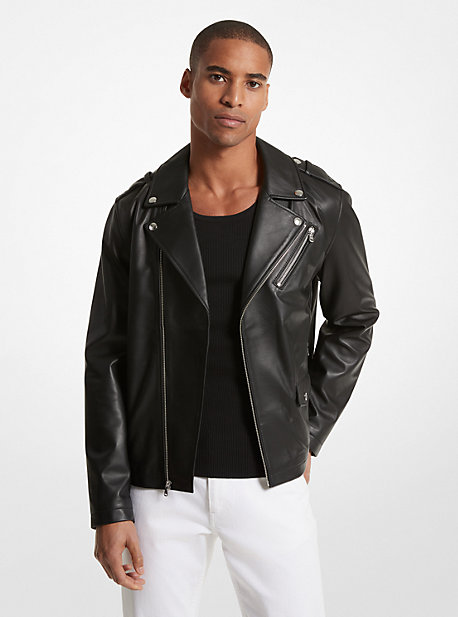 Shop Michael Kors Leather Moto Jacket In Black