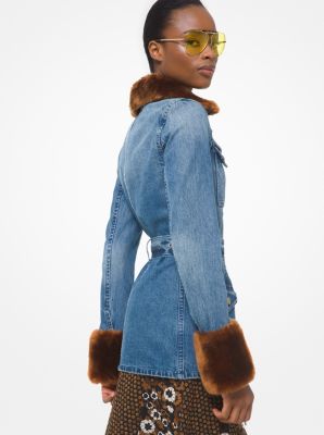 Faux Fur Trim Belted Denim Jacket image number 2