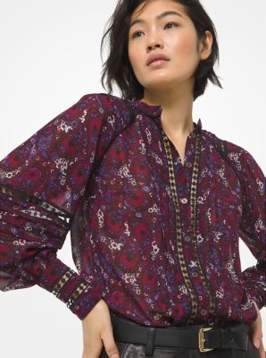 Paisley Georgette and Lace Poet-Sleeve Blouse | Michael Kors