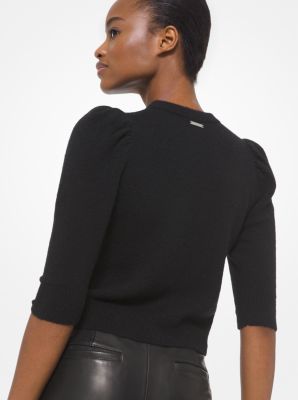 Knit Puff Sleeve Cropped Sweater in BLACK | Michael Kors