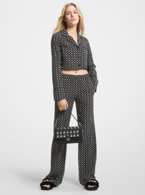 Studded Medallion Crushed Crepe Cropped Pajama Shirt