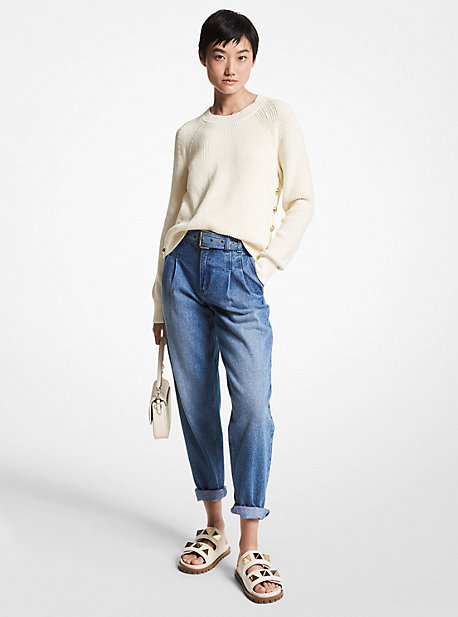 Button-Embellished Ribbed Supima Cotton Sweater