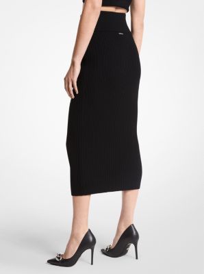 Ribbed Stretch Merino Wool Blend Midi Skirt | Michael Kors