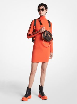 Logo Tape Ribbed Stretch Viscose Turtleneck Sweater Dress