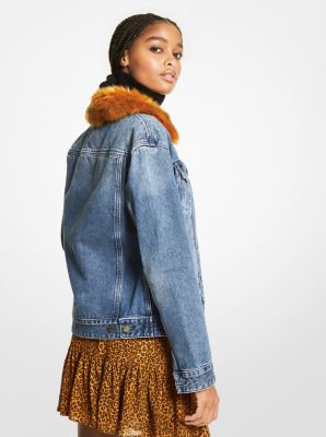 Denim coat with online fur hood