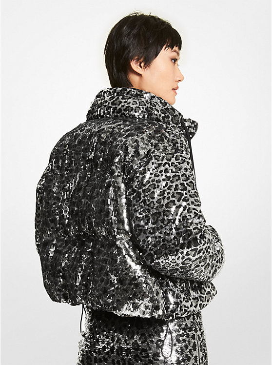 Leopard Sequined Cropped Puffer Jacket image number 1