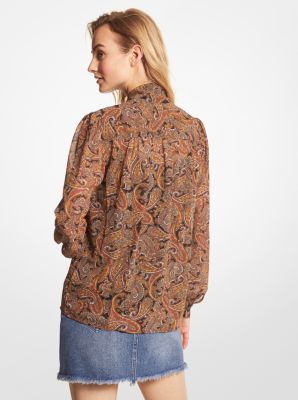 Blouse en crêpe georgette à motif cachemire et à col noué