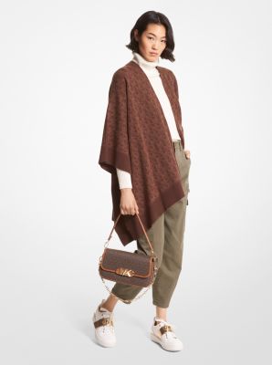 Michael Kors Logo Jacquard Fringed Poncho Cape Sweater (Beige) at