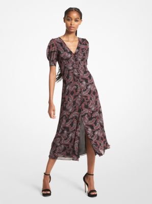 Robe mi longue en crepe georgette a motif cachemire