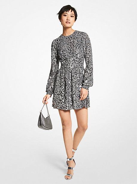 MK Sequined Leopard Print Georgette Dress - Malachite Grey - Michael Kors