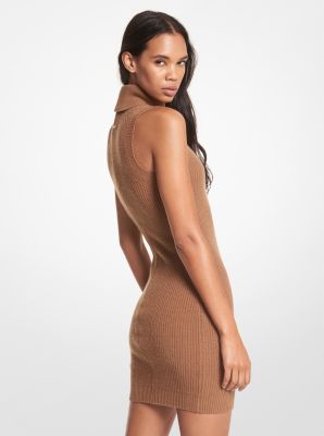 Ribbed Wool and Cashmere Blend Sleeveless Turtleneck Dress in HUSK | Michael Kors