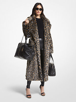 Michaelkors Leopard Print Faux Fur Robe Coat,KHAKI/BLACK