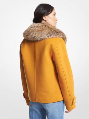 Faux Fur Trim Wool Blend Peacoat