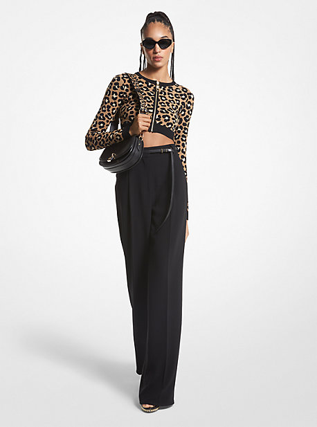 Shop Michael Kors Leopard Jacquard Knit Zip Cardigan In Brown