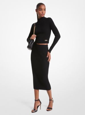 Ribbed Merino Wool Blend Pencil Skirt