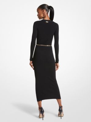 Ribbed Belted Slit Midi Dress