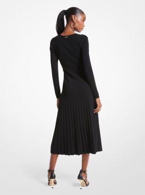 Ribbed Stretch Knit Ring Midi Dress in BLACK | Michael Kors