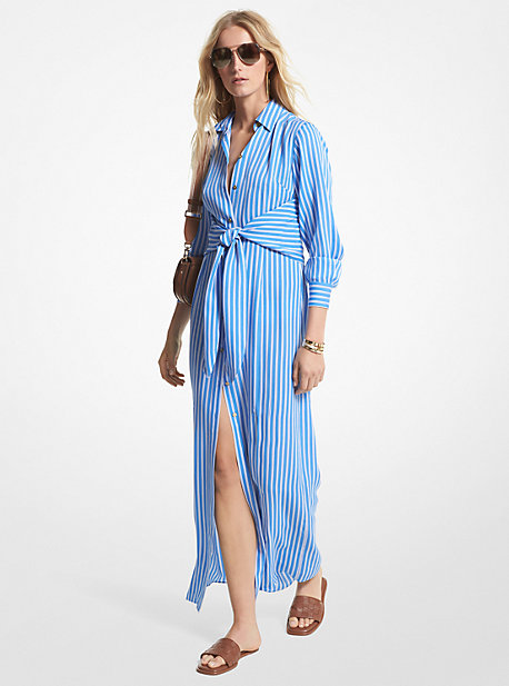 Michael Kors Striped Georgette Tie-front Shirtdress In Blue